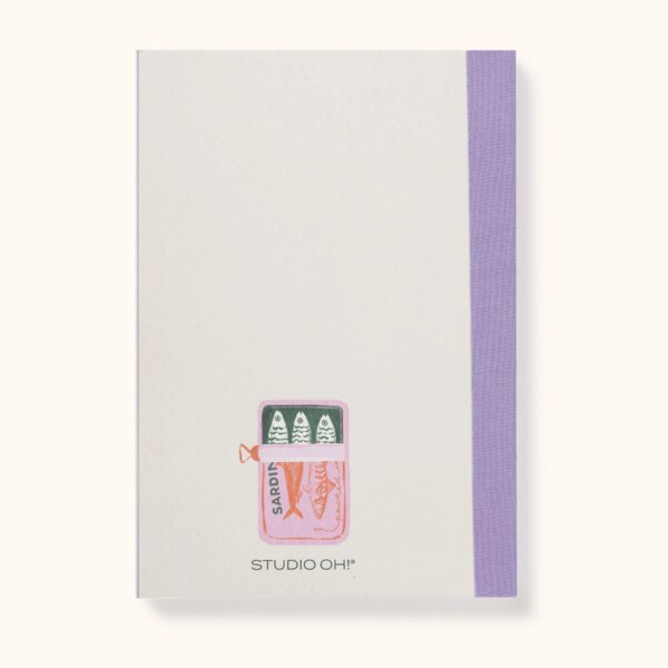 Back of notebook with white background and a small version of the sardines from the front cover
